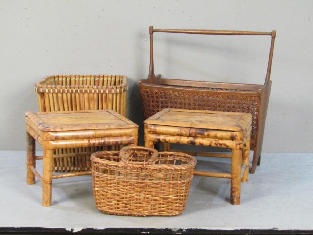 Decorative Baskets and Stools: Bamboo, pair miniature stools, magazine rack (18"W X 8"D X 19"H), and small basket.