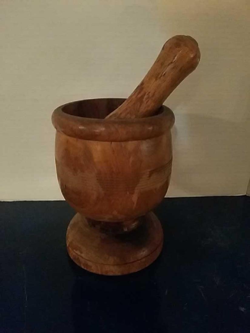 Antique wood mortar and pestle: wood. 8"H