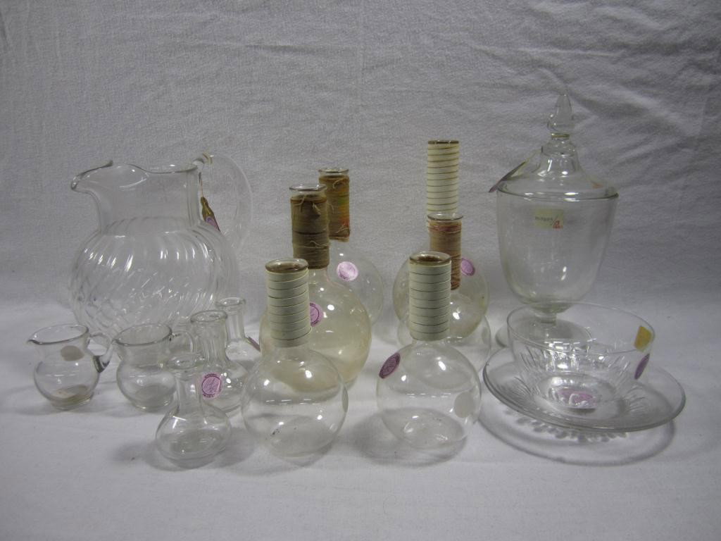 Large Assortment of Vintage Glass Articles: Beakers, pitchers, bon bon jar, etc. Some purchased at Sotheby's