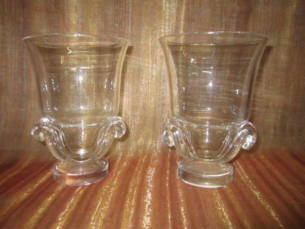 Pair Steuben Neo-Classical Style Urns: with sculpted waterfall style handles on round bases. 6" - #7964 George Thompson, 1949, signed