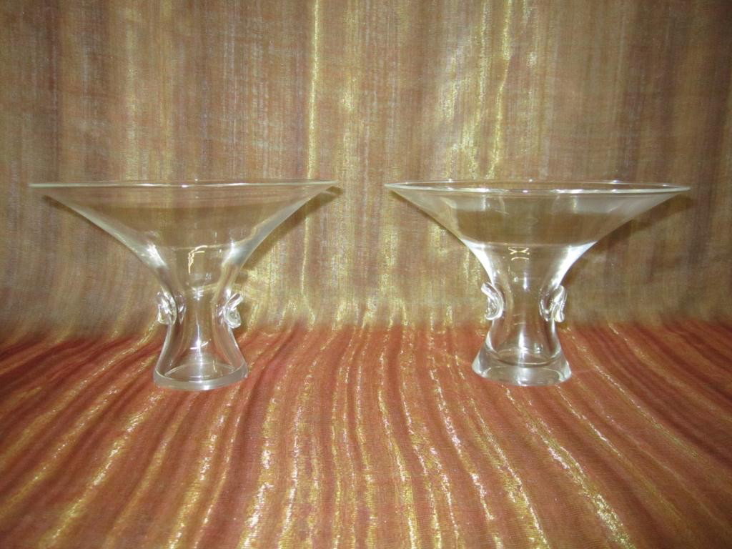 Pair Steuben Finger Mold Mounted Tazze: Finger mold mounts on tapered neck of stem. 7 X 5 tall. George Thompson, 1949, #7985
