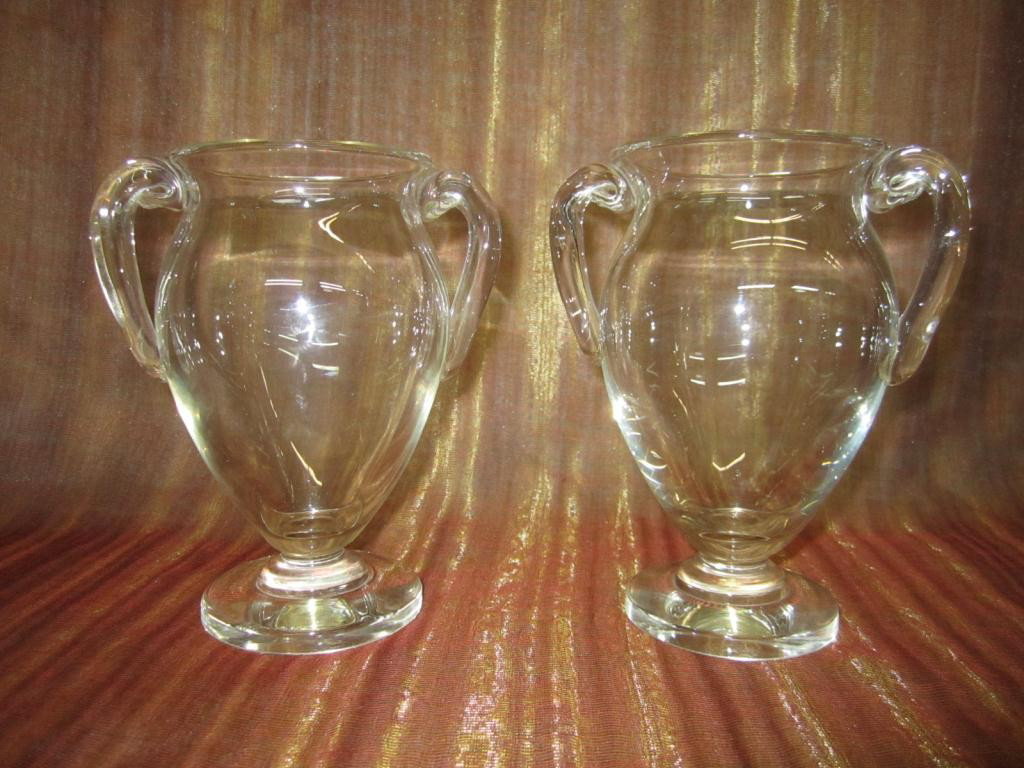 Pair Steuben 2 Handle Urns: flared rim with thick swirl handles. 6 1/2" #SP645 George Thompson