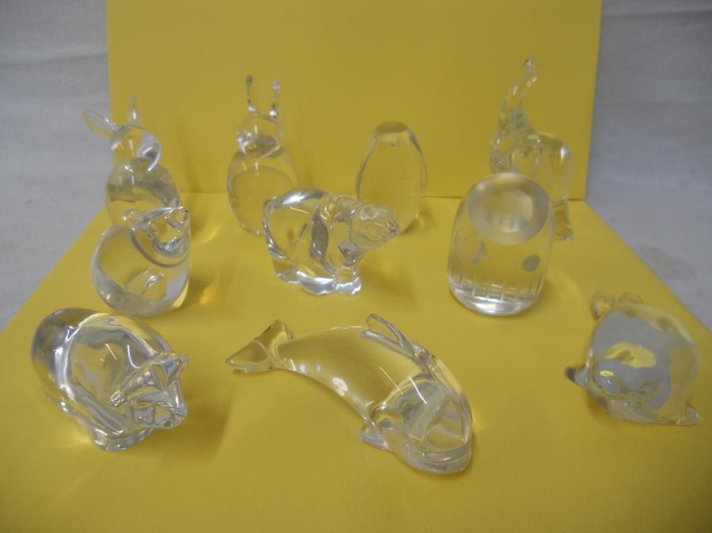 10 Hand Cooler Small Glass Articles: figures including rabbits, elephant, bison etc. Some marked and some not.