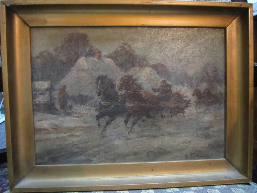 Polish Oil on Canvas - Troika Style Scene: Horse drawn sled in winter setting. Signed lower right illegibly. 9 X 13