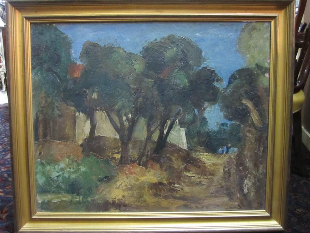 Oil on Canvas - Landscape - Signed Pankiewicz: Clear blue skies in distance with rustic house behind lush trees. 25 X 31 Polish.