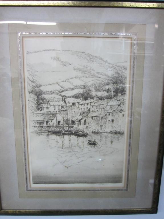 Etching - Boats at Dock: by hills. Signed in pencil Kevin Ely. 13 X 8