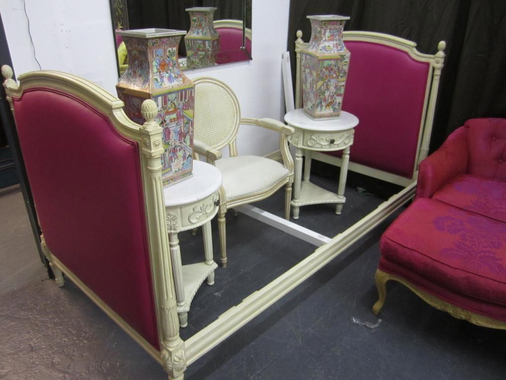 Louis XVI Style Painted Daybed: Dark Pink leatherette upholstered inside and outside head and foot boards. 46 tall X 44 wide X 7' long.