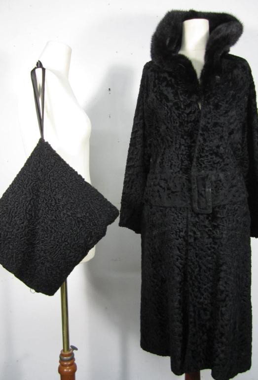 Broadtail Fur Coat with Belt and Muff: fur collar.