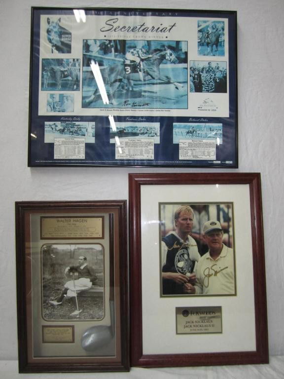 3 Sporting Ephemera Articles -: Jack Nicklaus and Jack Nicklaus II (autographed) Walter Hagen Plaque Secretariat Poster (autographed Ron Turcotte)