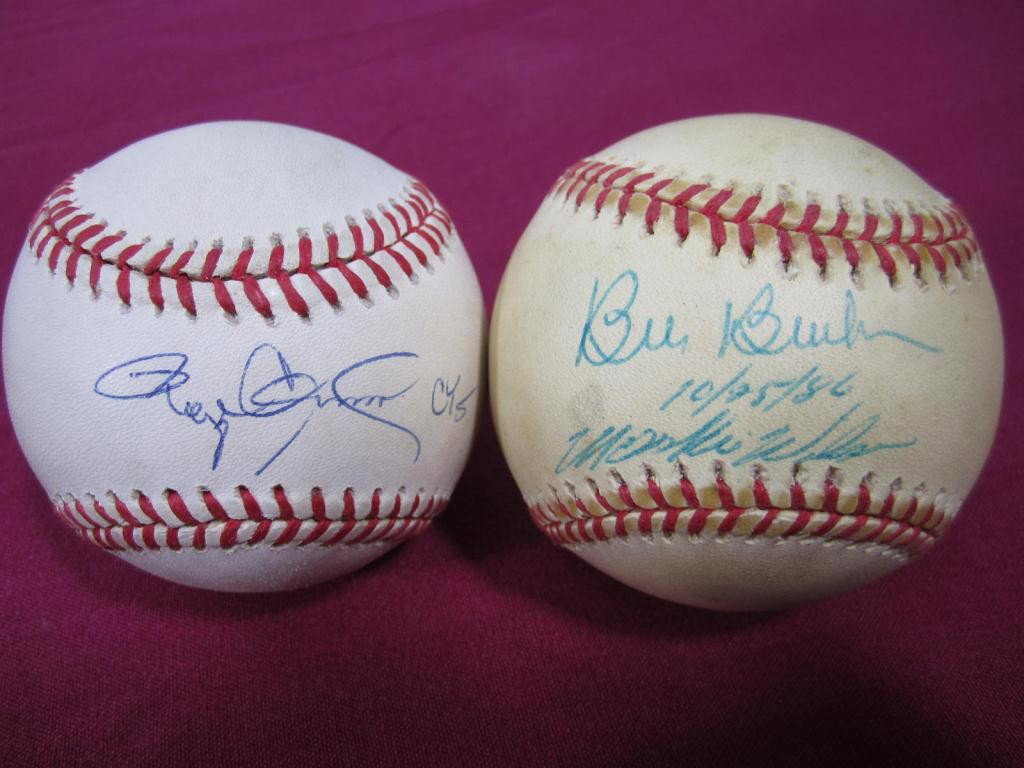 2 Autographed Baseballs - Wilson and Buckner: 1 - Bill Buckner and Mookie Wilson commemorating Oct. 25, 1986 Famous World Series Play 2 - Roger Clemens commemorating his 5th Cy Young Award.