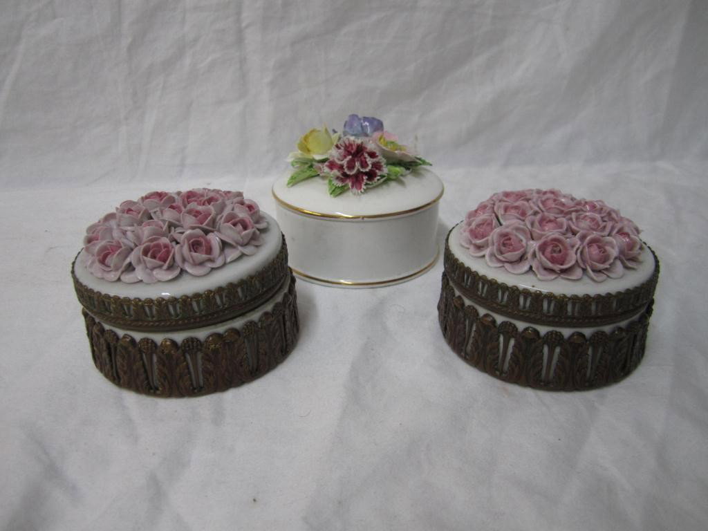 3 Porcelain Boxes: pair German and one Staffordshire