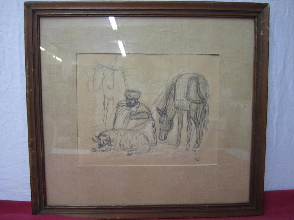 Pencil Drawing - Man with Sheep and Donkey: Signed HL - 8 X 9