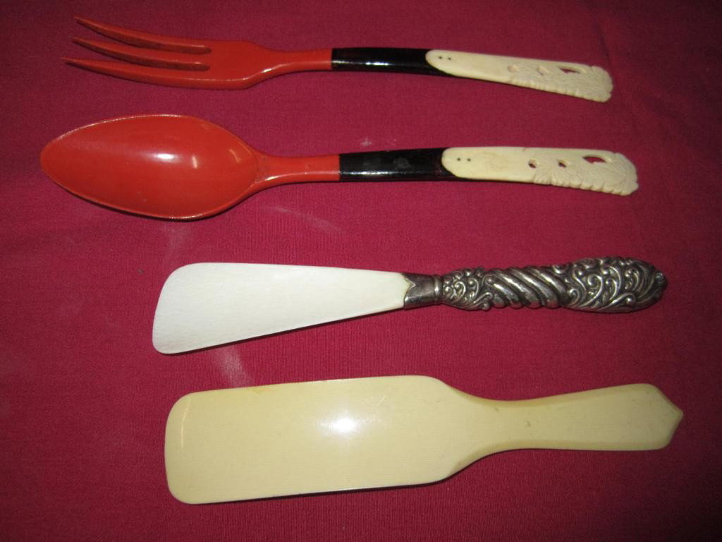 Assorted Lot of Bone And Bakelite: Bone shoehorn with silver mount, Asian style bakelite hand mirror, etc.
