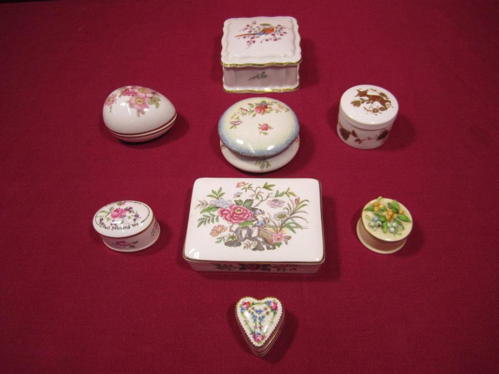 8 Assorted Porcelain Pill Boxes: Wedgwood, Rosenthal (Bjorn Wiinblad) , Minton, etc.