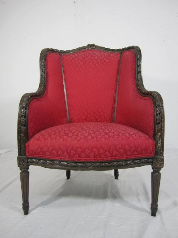 Louis XVI Style Club Chair: Nicely carved bergere style frame with high back, upholstered. 38" tall.