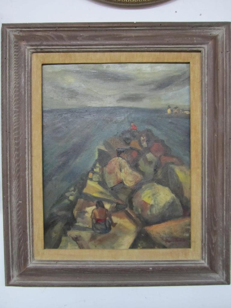 Maurice Freedman (Amer, 1904-1984) - Oil on Canvas: Framed Oil on Canvas of a jetty - "Rocks Off Bearskin Neck" (title from back of stretcher). Signed lower right and signed on back of stretcher and frame. 19 X 15.