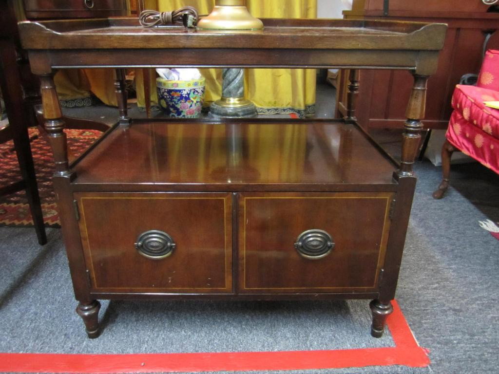 Pair Sheraton Style End Tables: 2 tiers with galleried tops and base doors. 26 X 18 X 25 tall.