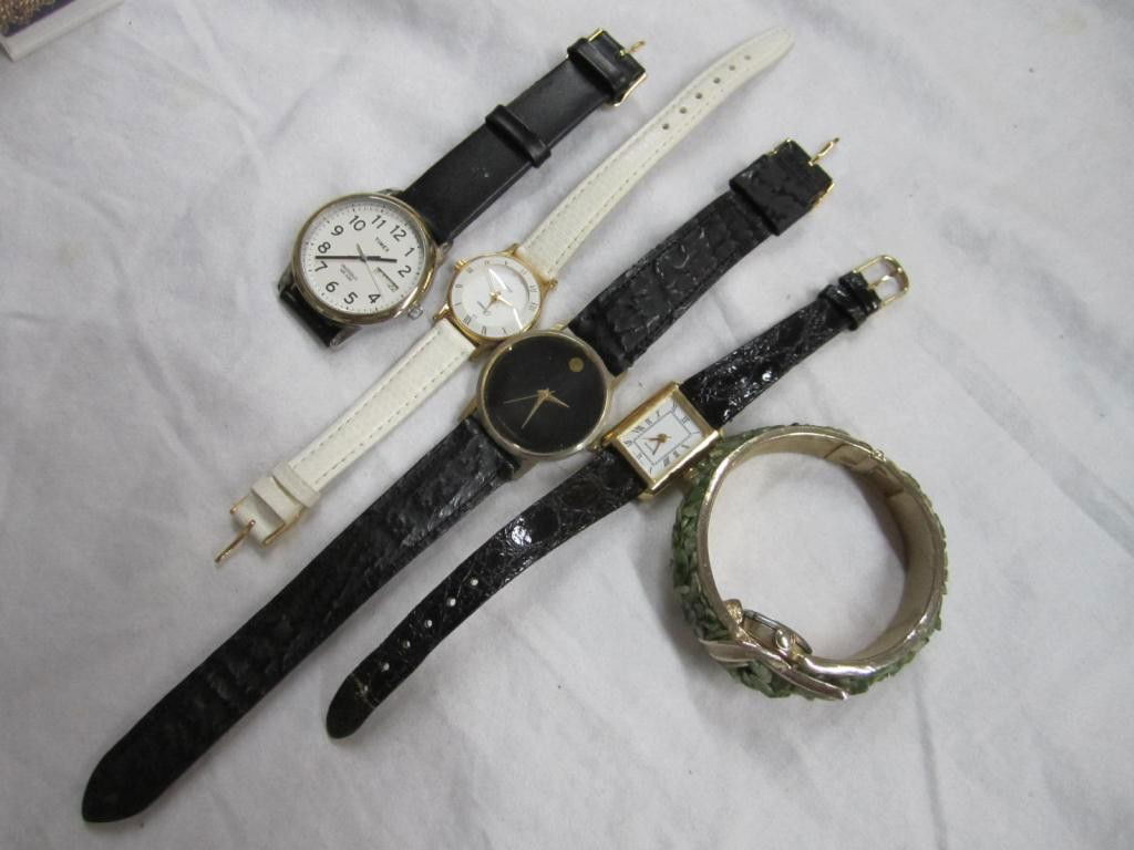 5 Assorted Watches: 1 marked Movado, 1 Timex, 1 jewelry bangle style