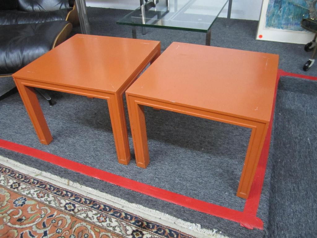 Pair Mid-Century John Stuart Tables: Orange painted with chips. 20 square X 16 tall.