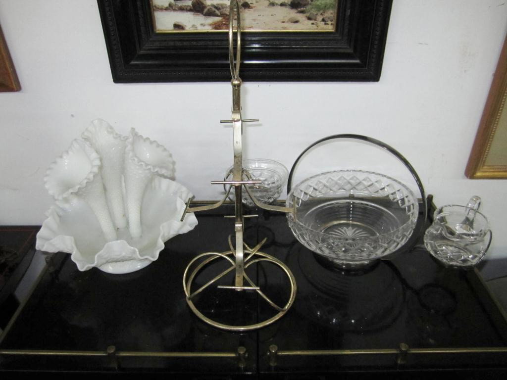 3 Articles - Epergne, Server and Mug Stand: silver plated server with center bowl and side creamer and sugar.