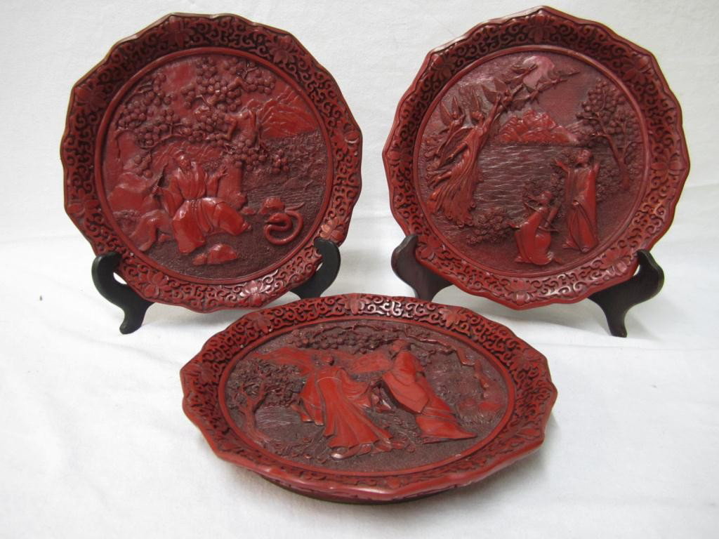 Set of 3 Chinese Cinnabar & Brass Plates - 9"