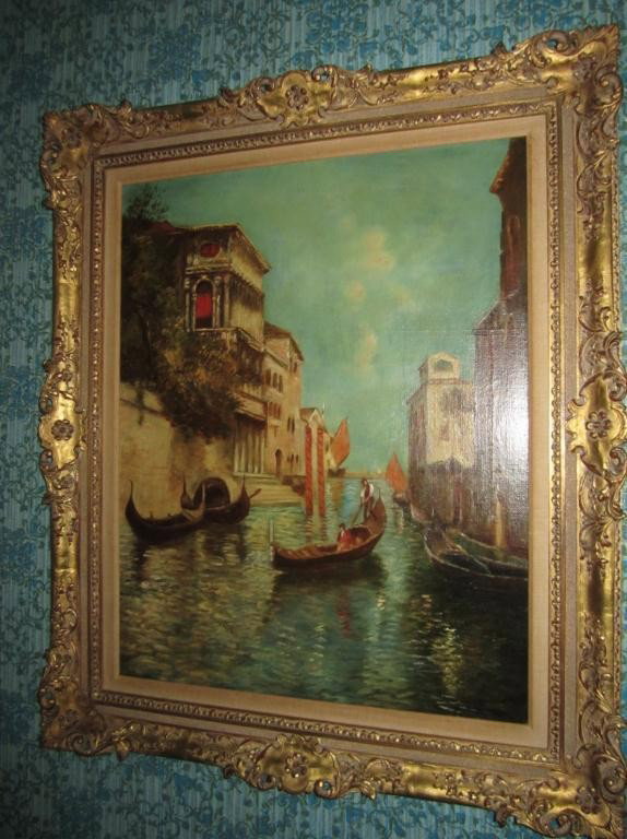 Oil on Canvas - Venetian Canal Scene with Gondolas: Romantic view of a side canal just off the Grand Canal in the distance. Early to mid 20th Century. 24 X 19.