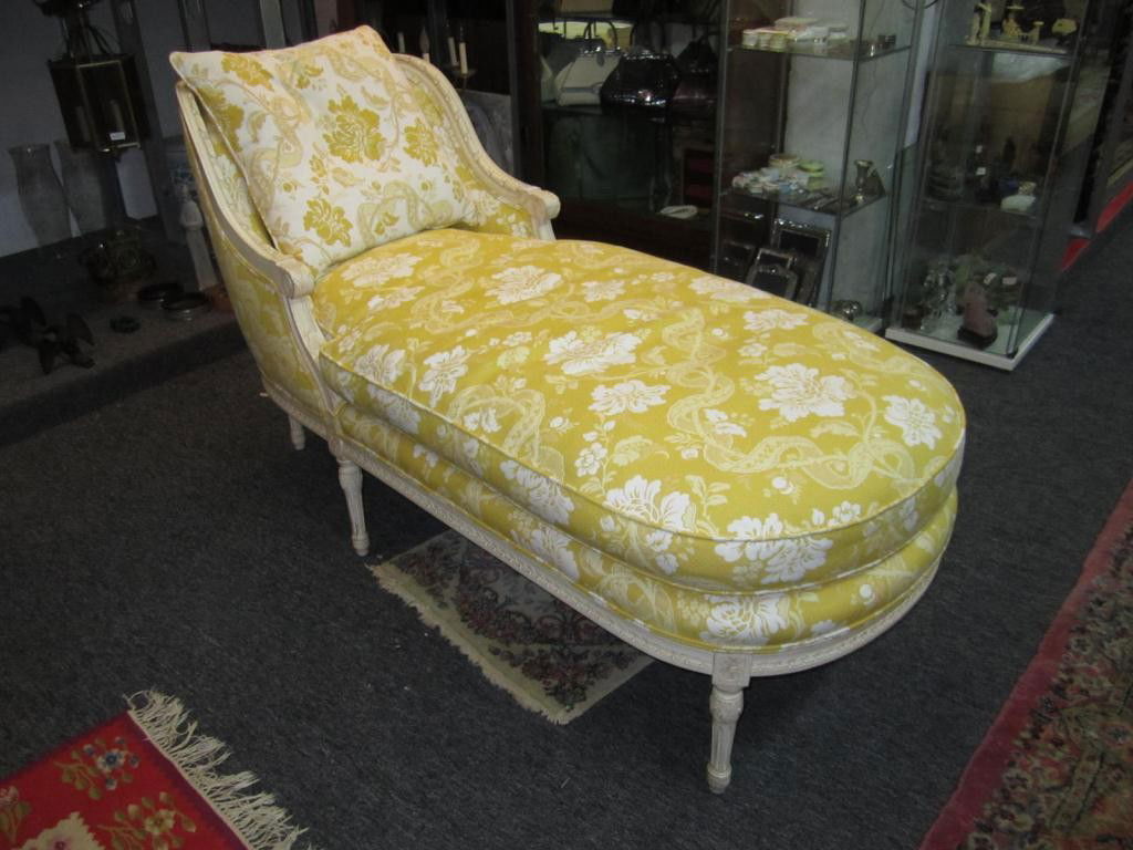 Louis XVI Style Chaise Lounge: upholstered and carved and painted.