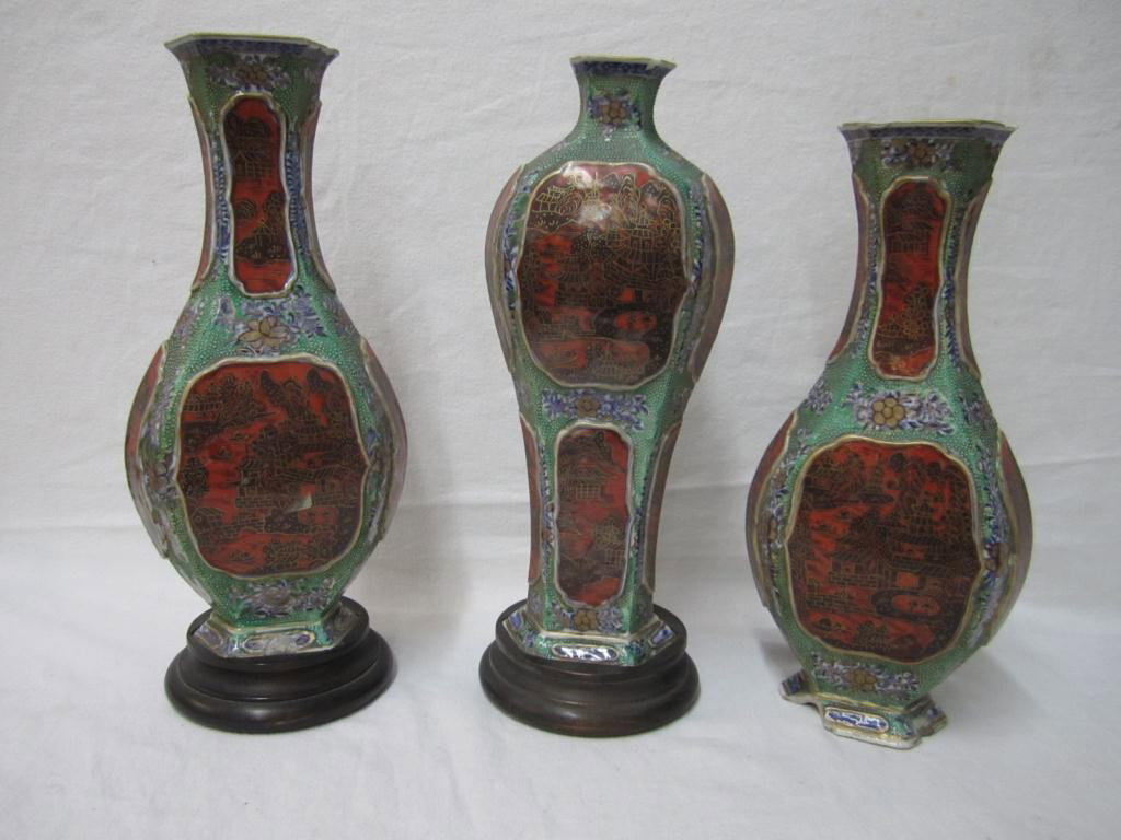 3 Piece Chinese Porcelain Vase Garniture: 2 Flare top and a single of matching styles. Red and gilt panels on a turquoise ground. Chips. only 2 having stands. 12" tallest.