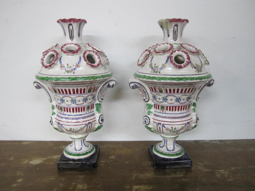 Pair Antique Faience Bud Spout Vases: One having condition issues. 12" tall. Signed.