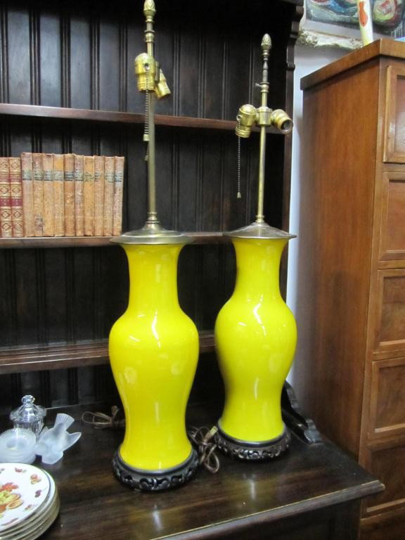 Pair Chinese Yellow Porcelain Vase Lamps