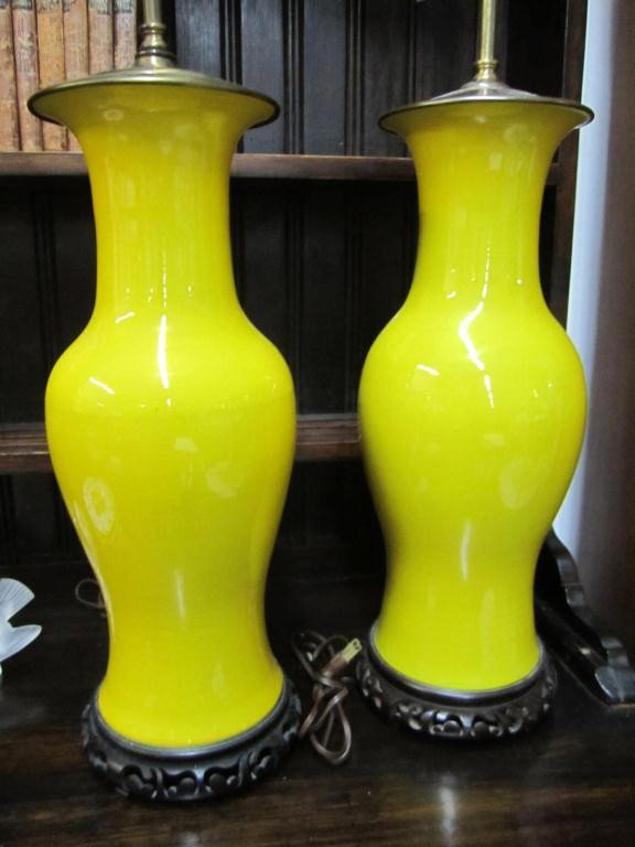 Pair Chinese Yellow Porcelain Vase Lamps - 2