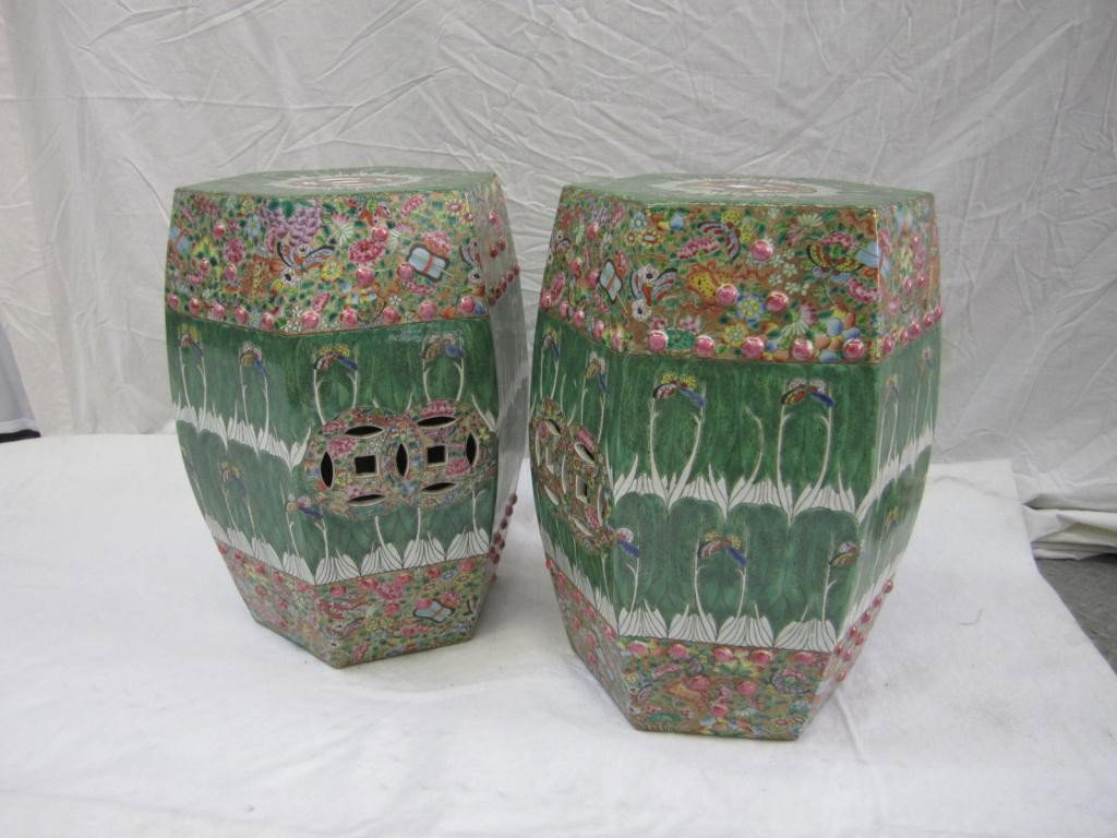 Pair "Cabbage Leaf" Design Garden Barrels: Hexagonal shaped. 20th Century. Pierced rosette on top and 2 pierced Double rosettes on each.