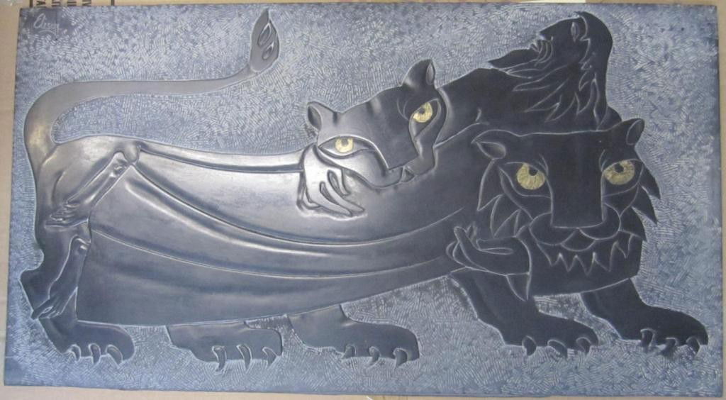 Frank Eliscu (American, 1912-1996) - Slate: Hand etched and incised slate of 2 Large Cats (with human form hands), and yellow painted eyes. Signed upper left Eliscu. 15 X 28 (X 3/8")