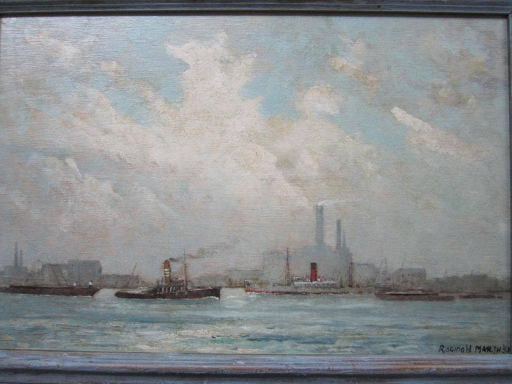 After Reginald Marsh - View of a Harbor: Oil on board signed lower right "Skyline from Williamsburg" - 15 X 23 (framed 19 X 27)