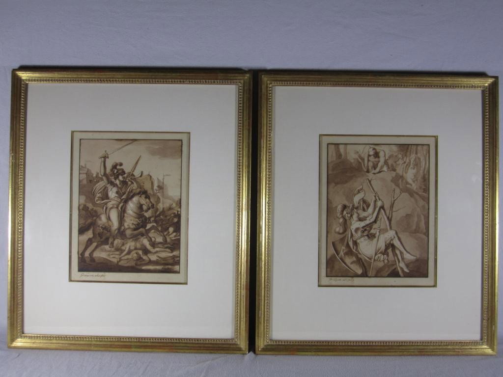 Giovanni Sanguinetti - 2 Watercolors: Battle scene, together with a Roman woman on a limb. 8 X 11 each.