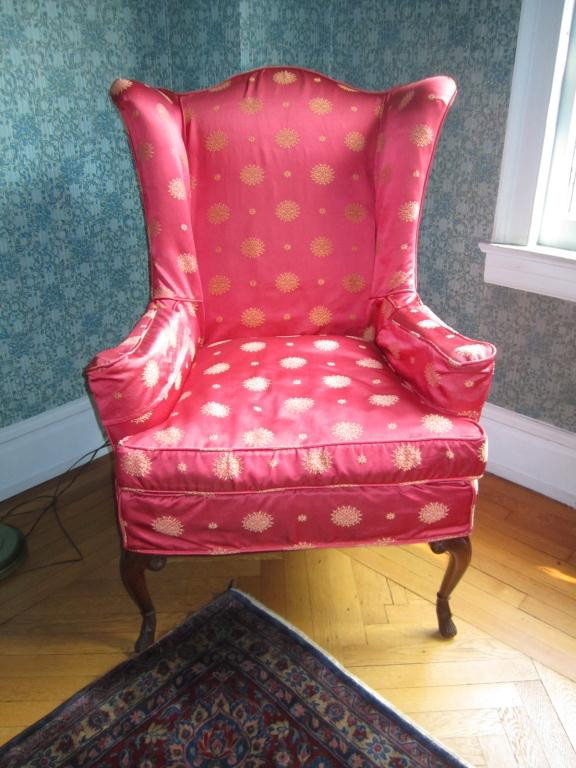 Schmieg & Kotzian Silk Slipcovered Wing Chair: beautifully shaped wings and sloping deer hoof feet. 45" tall