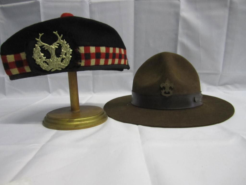 Two Vintage Boy Scouts of America Hats: One campaign style troop leaders hat w/ leather BSA band