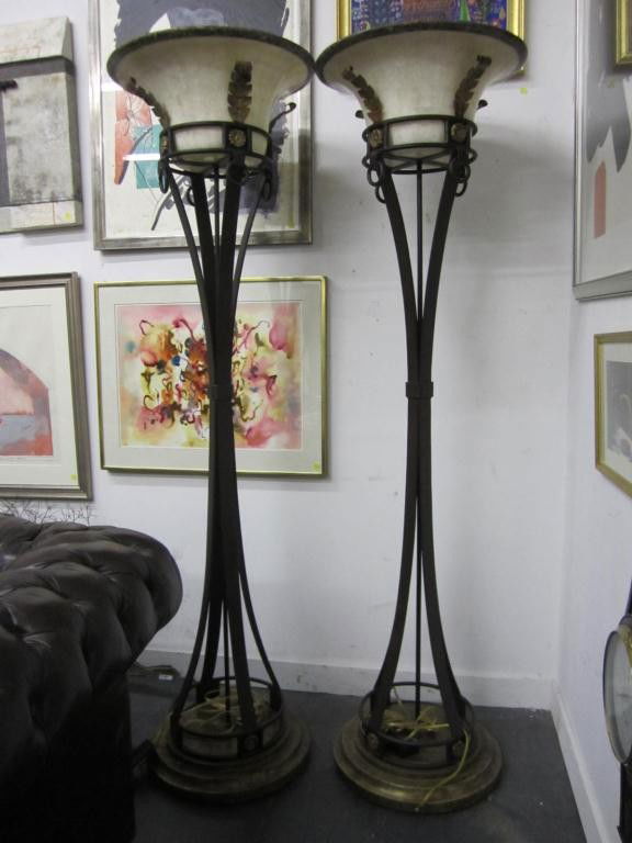 Pair Modernist Floor Torchieres: Alabaster upward shades and iron frames. 72" tall. top 20" dia. and base 18 dia.