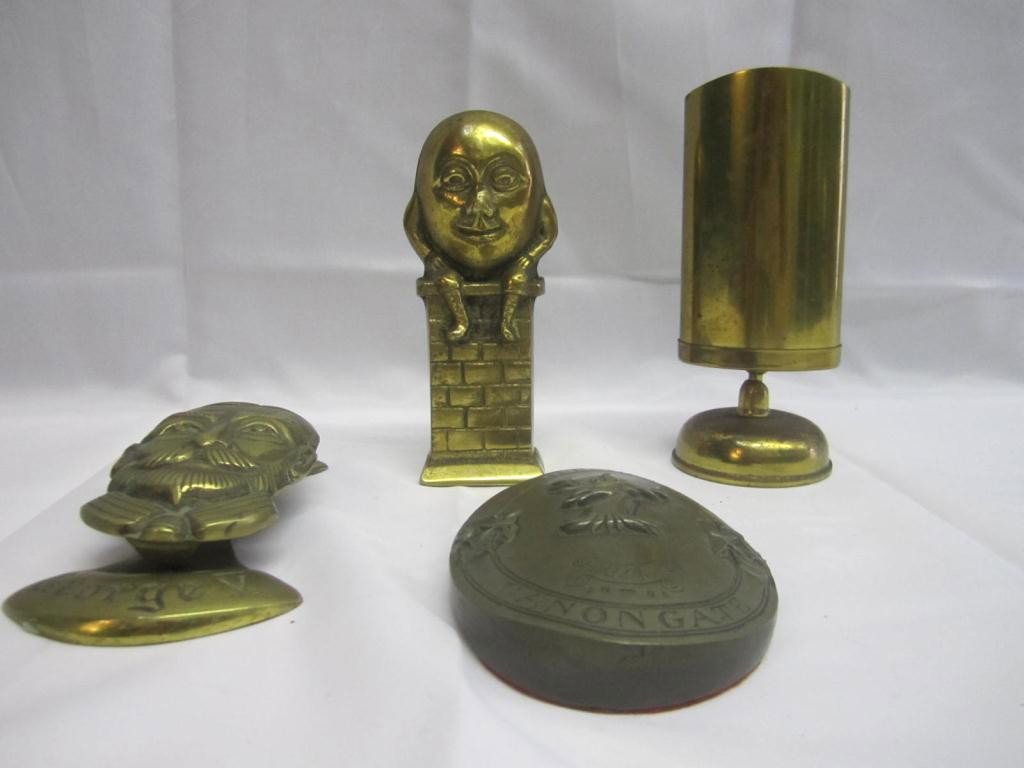 4 Brass and Metal Articles: Pipe Cleaner holder, Humpty Dumpty bank, George V Doorknocker, and Plaque with illegible marks.