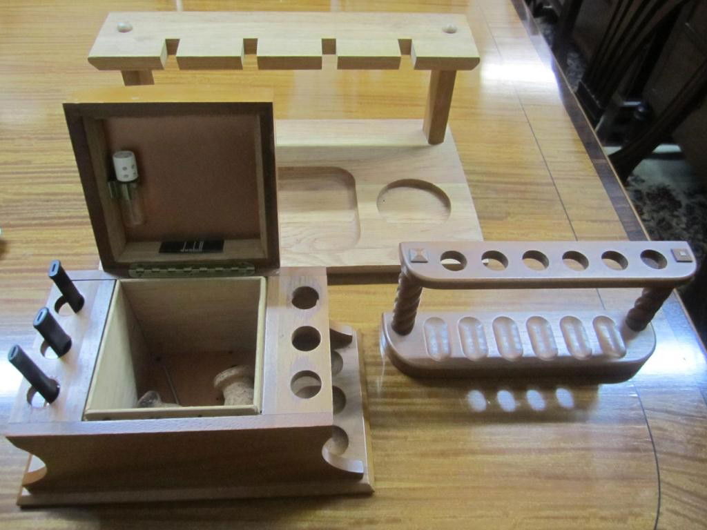 5 Assorted Pipe Stands - Dunhill etc.: James, Dixon & Sons pewter, One combo Humidor and stand