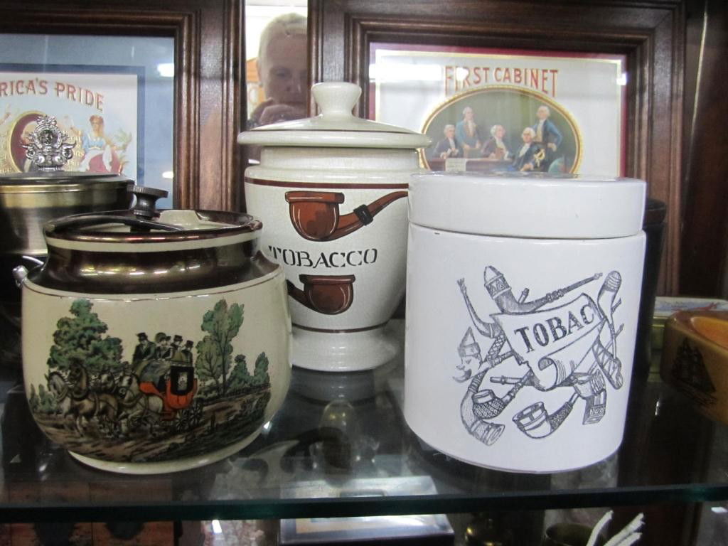 6 Humidors - One Nautical Style and others: Three ceramic, one signed Gray's Pottery, Stoke-on-Trent England / Dunhill Paris Fabr. Anglaise, one Made in Italy, along with two made of tin.
