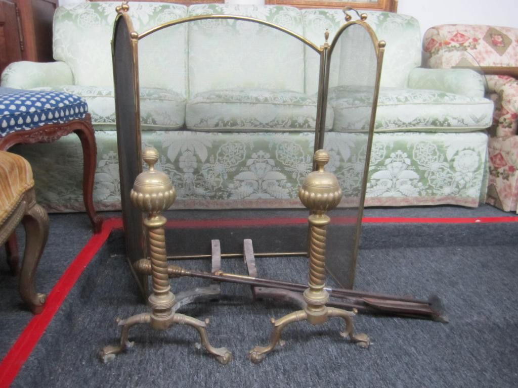 Antique English Brass Fireplace Andirons and Tools: 3 tools having no stand. Together with a sparkscreen and a coal hod.