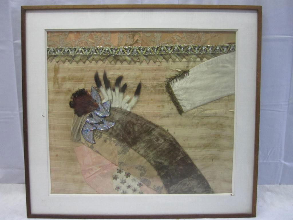 Karl Mann (American) - Mixed Media Collage: fabrics, feathers, etc. Dated '74. 26 X 29 (34 X 38 framed)