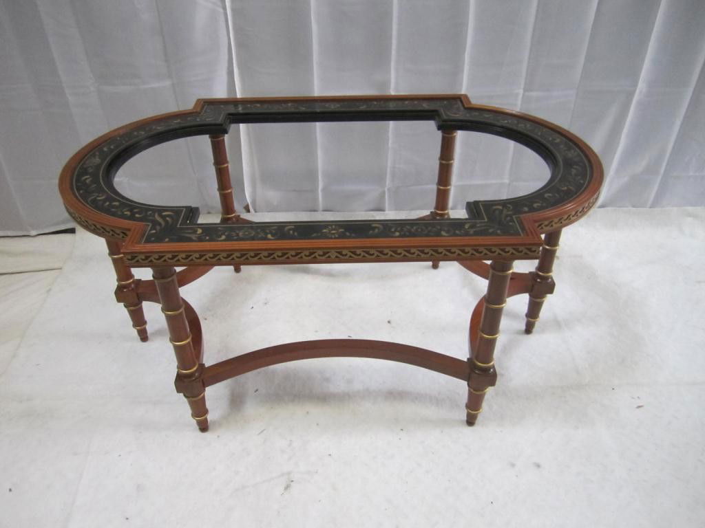 John Widdicomb Cocktail Table Frame: reeded and painted top missing glass insert. Tubular ringed legs with outer stretcher. 40 X 24 X 19 tall.