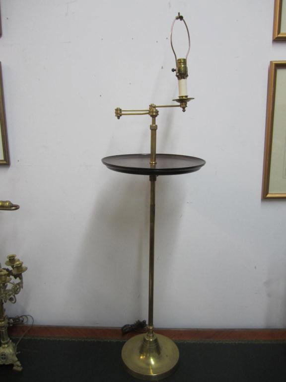 Mid-Century Heavy Brass Stick Lamp Table: Adjustable Rosewood dish with an adjustable brass triple swing arm top arm. Heavy base. 14" tray - 51 to 65 tall.