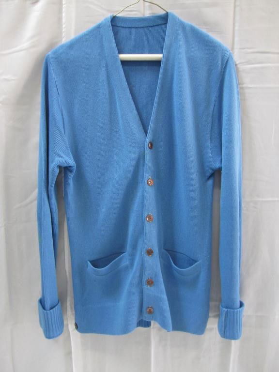 Jack Kevorkian's Blue Cardigan Sweater: small paint dots near arm cuffs so in addition to him wearing this for public events he also wore this while painting his remarkable art. Small hand done repair on right shoulder.