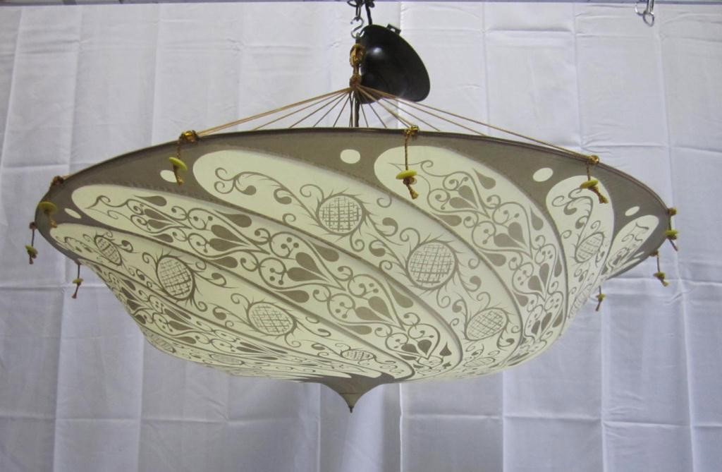 Large Vintage Fortuny Shade Fixture: silk fabric with tassels and center hanging light. Very good condition. 30 dia. X 9" high. (with rope goes to 20" tall)