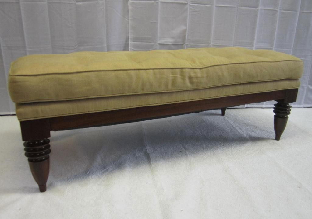 George Smith Style Ottoman: Button tufted upholstered seat with mahogany turned legs. Excellent condition. 55 X 24 X 19" tall.