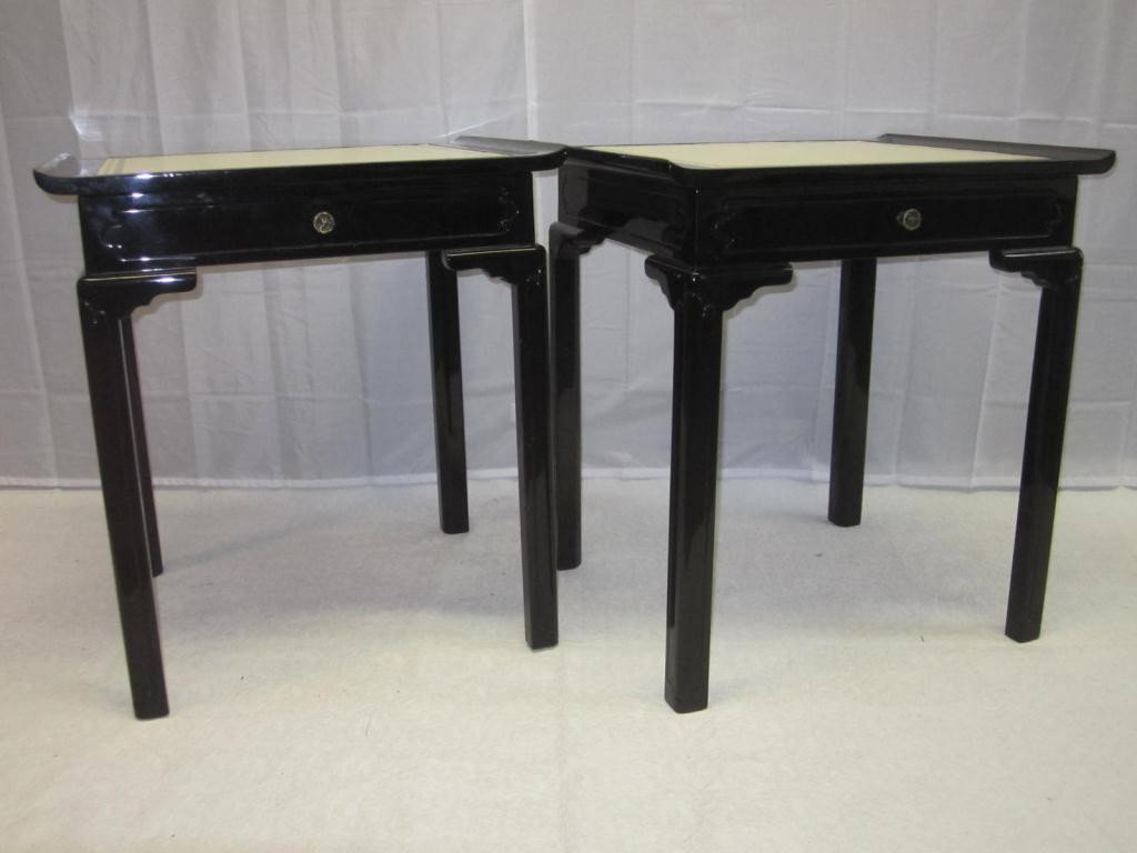 Pair Mid-Century Black Lacquered Lamp Tables: Oriental Modern style with ivory and gilt tooled leather tops. In the James Mont Manner. 26 X 21 X 28 tall