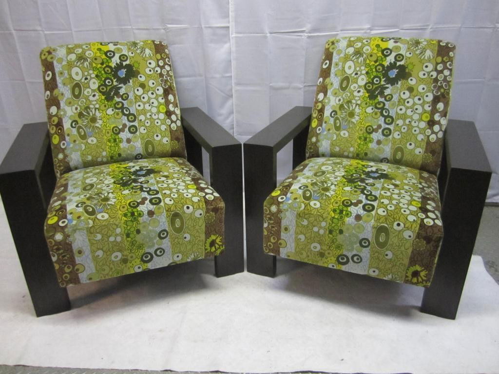 Pair Art Deco Style Squared Club Chairs: Ebonized walnut frames with period style upholstery in excellent condition. 35 W X 38 X 38 tall.